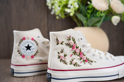 Pink Rose Floral Garden Hand Embroidery Converse, Custimizable Converse Chuck Taylor 1970s