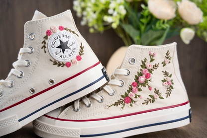 Pink Rose Floral Garden Hand Embroidery Converse, Custimizable Converse Chuck Taylor 1970s