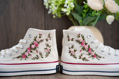 Pink Rose Floral Garden Hand Embroidery Converse, Custimizable Converse Chuck Taylor 1970s