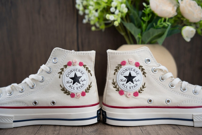 Pink Rose Floral Garden Hand Embroidery Converse, Custimizable Converse Chuck Taylor 1970s