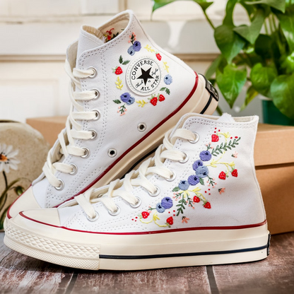 Custom Embroidered Converse Chuck Taylor, Blueberries And Strawbery Hand Embroidered Converse, Wedding Flowers Shoes