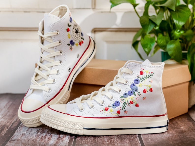 Custom Embroidered Converse Chuck Taylor, Blueberries And Strawbery Hand Embroidered Converse, Wedding Flowers Shoes