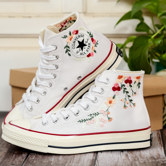 White Wedding Converse Shoes, Bridal Flowers Embroidered Converse, Rose Flower Embroidered Sneakers for Bride, Personalized Bridal Sneaker