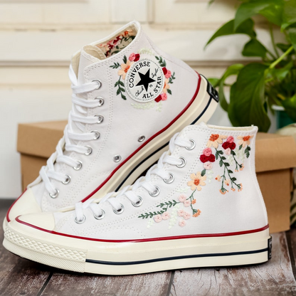 White Wedding Converse Shoes, Bridal Flowers Embroidered Converse, Rose Flower Embroidered Sneakers for Bride, Personalized Bridal Sneaker