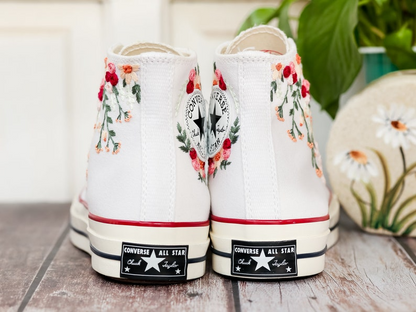 White Wedding Converse Shoes, Bridal Flowers Embroidered Converse, Rose Flower Embroidered Sneakers for Bride, Personalized Bridal Sneaker