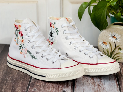 White Wedding Converse Shoes, Bridal Flowers Embroidered Converse, Rose Flower Embroidered Sneakers for Bride, Personalized Bridal Sneaker