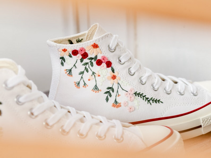 White Wedding Converse Shoes, Bridal Flowers Embroidered Converse, Rose Flower Embroidered Sneakers for Bride, Personalized Bridal Sneaker