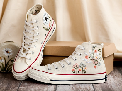 Embroidered Converse High Tops 1970s, Flowers Embroidery Converse, Floral Embroidered Shoes Custom, Gift for Best Friend, Birthday Gift