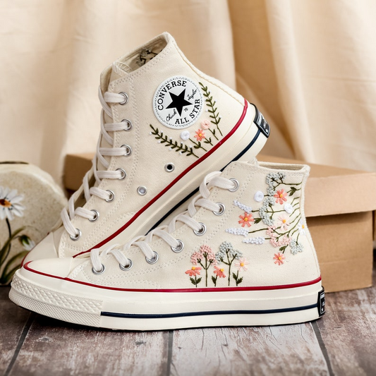 Embroidered Converse High Tops 1970s, Flowers Embroidery Converse, Floral Embroidered Shoes Custom, Gift for Best Friend, Birthday Gift