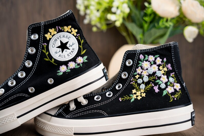 Flowers Hand Embroidery Shoes, Black Converse Shoes, Handmade And Customizable, Converse Chuck Taylor 1970s