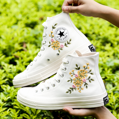 Embroidered Wedding Converse, Bridal Flowers Embroidered Sneakers for Bride, Sunflower Embroidery Shoes for Bride, Wedding Gift for Couple