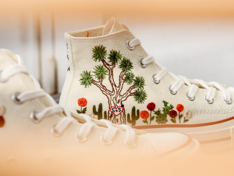 Custom Embroidered Converse High Tops 1970s, Shoes Embroidered With Tree of Happiness And Name, Cactus Embroidered Sneaker, Birthday Gift