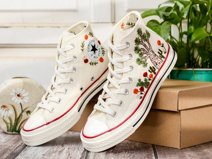 Custom Embroidered Converse High Tops 1970s, Shoes Embroidered With Tree of Happiness And Name, Cactus Embroidered Sneaker, Birthday Gift