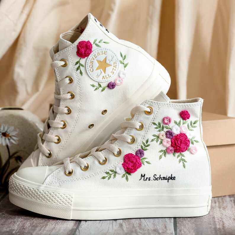 Platform Converse for Wedding, Burgundy Flower Embroidered Shoes, Fall Wedding Bouquet Emnbroidered Sneakers for Bride, Bridal Sneakers