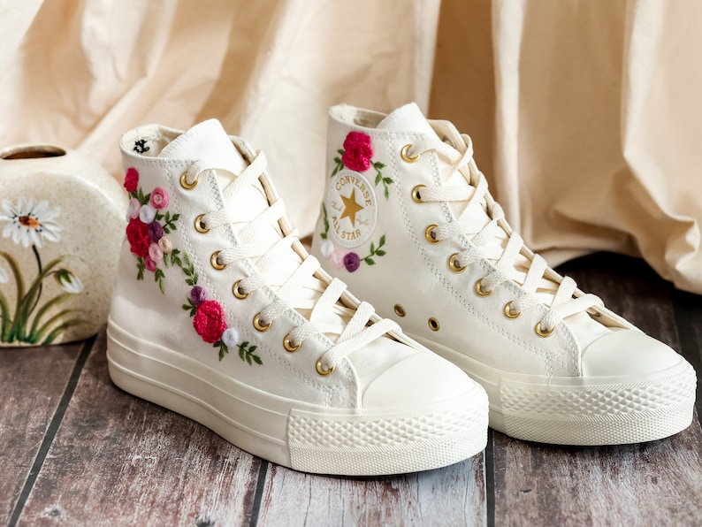 Platform Converse for Wedding, Burgundy Flower Embroidered Shoes, Fall Wedding Bouquet Emnbroidered Sneakers for Bride, Bridal Sneakers