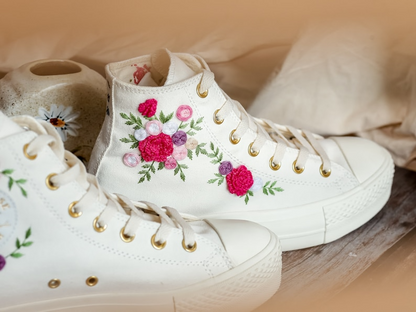 Platform Converse for Wedding, Burgundy Flower Embroidered Shoes, Fall Wedding Bouquet Emnbroidered Sneakers for Bride, Bridal Sneakers