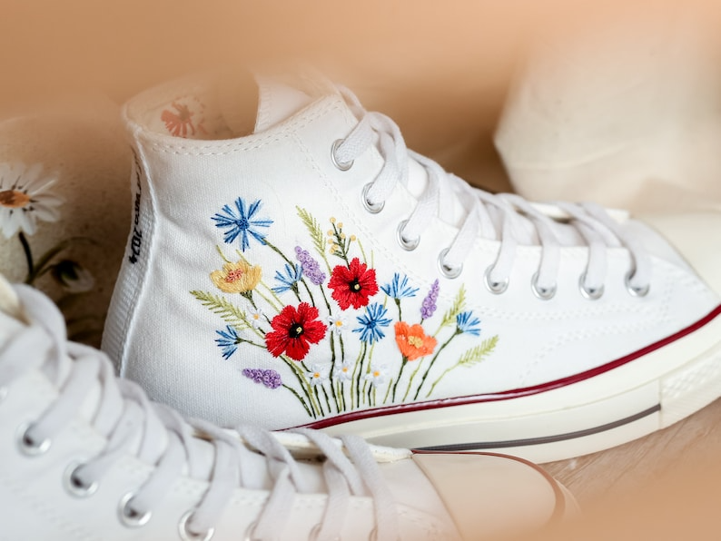 Embroidered Converse High Tops, Shoes Custom Floral Embroidery, Converse Custom Name, Flower Embroidered Sneakers, Gift For Best Friend