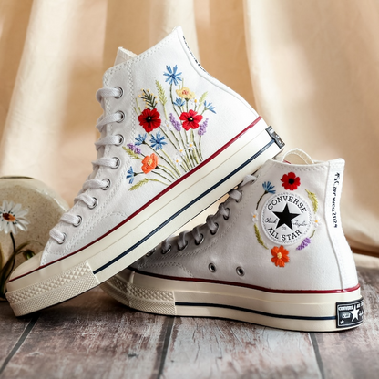 Embroidered Converse High Tops, Shoes Custom Floral Embroidery, Converse Custom Name, Flower Embroidered Sneakers, Gift For Best Friend