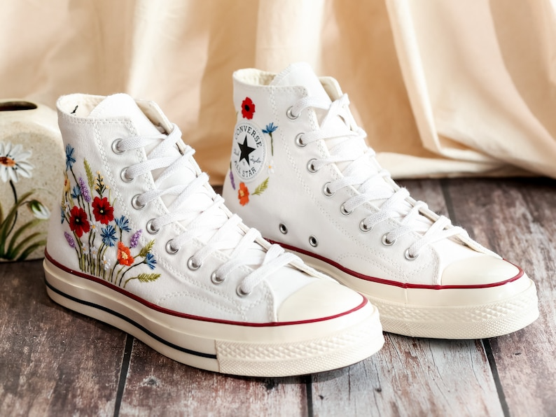 Embroidered Converse High Tops, Shoes Custom Floral Embroidery, Converse Custom Name, Flower Embroidered Sneakers, Gift For Best Friend