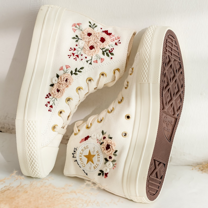 Platform Wedding Converse for Bride, Pale Pink Peony Embroidered Shoes, Bridal Flower Embroidery Sneakers for Wedding, Rustic Wedding Gifts