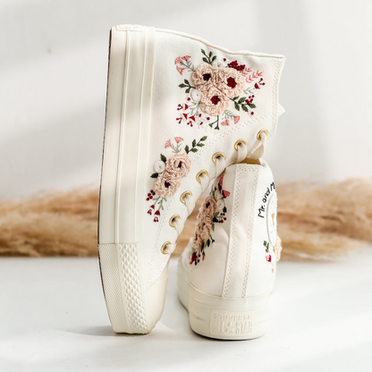 Platform Wedding Converse for Bride, Pale Pink Peony Embroidered Shoes, Bridal Flower Embroidery Sneakers for Wedding, Rustic Wedding Gifts