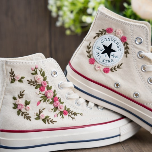 Pink Rose Floral Garden Hand Embroidery Converse, Custimizable Converse Chuck Taylor 1970s