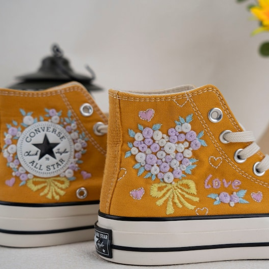 Purple Rose Flowers Hand Embroidery, Black Converse Shoes, Handmade And Customizable, Converse Chuck Taylor 1970s, Love Gift