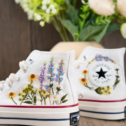 Lavender And Sun Flower Garden Hand Embroidery Converse, Handmade And Customizable, Converse Chuck Taylor 1970s