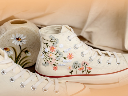 Embroidered Converse High Tops 1970s, Flowers Embroidery Converse, Floral Embroidered Shoes Custom, Gift for Best Friend, Birthday Gift