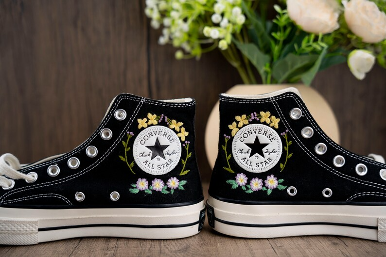 Flowers Hand Embroidery Shoes, Black Converse Shoes, Handmade And Customizable, Converse Chuck Taylor 1970s