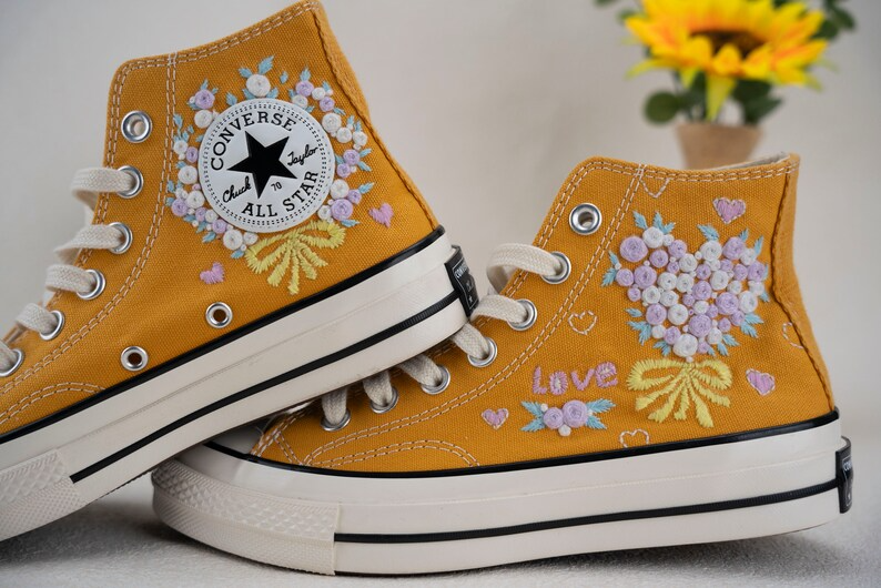 Purple Rose Flowers Hand Embroidery, Black Converse Shoes, Handmade And Customizable, Converse Chuck Taylor 1970s, Love Gift