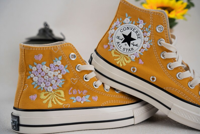 Purple Rose Flowers Hand Embroidery, Black Converse Shoes, Handmade And Customizable, Converse Chuck Taylor 1970s, Love Gift