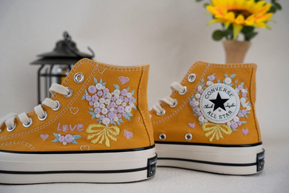 Purple Rose Flowers Hand Embroidery, Black Converse Shoes, Handmade And Customizable, Converse Chuck Taylor 1970s, Love Gift