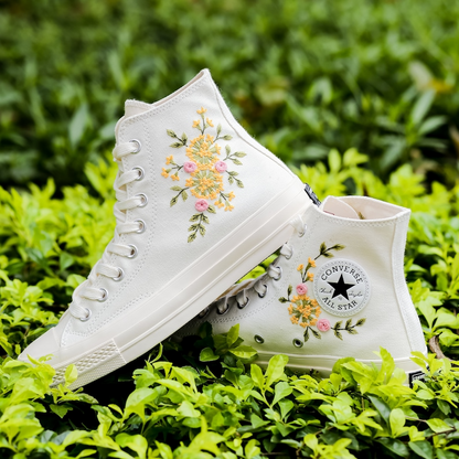 Embroidered Wedding Converse, Bridal Flowers Embroidered Sneakers for Bride, Sunflower Embroidery Shoes for Bride, Wedding Gift for Couple