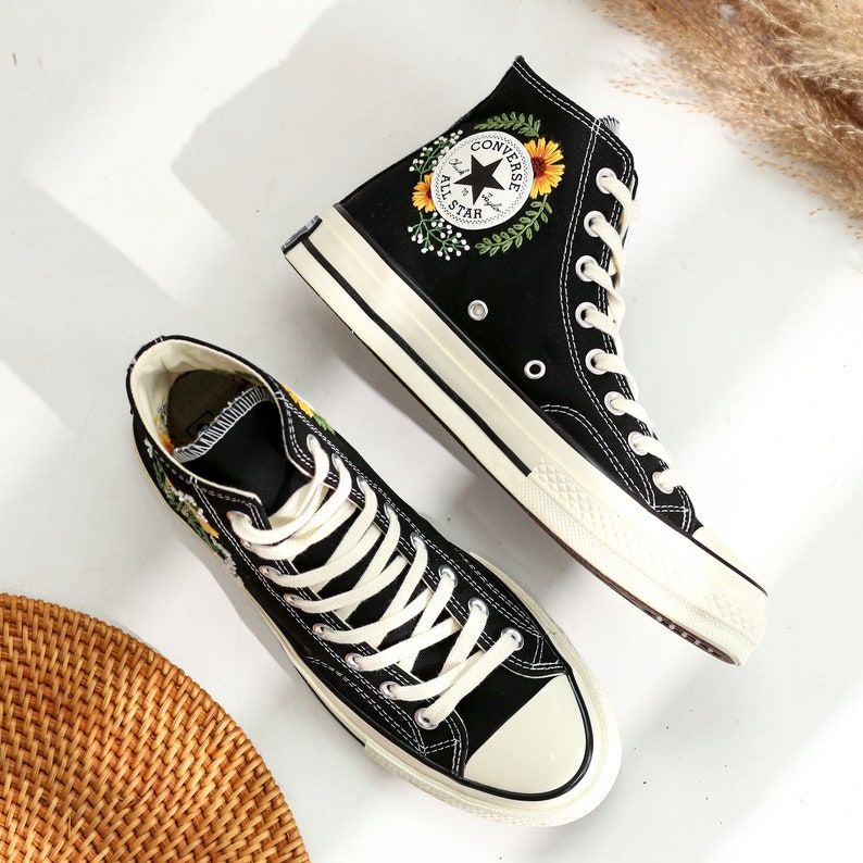 Embroidered Converse Sunflower and Queen Anne's lace, Converse High Tops Chuck Taylor Embroidered Sunflower, Sunflower Embroidered Converse