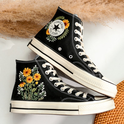 Embroidered Converse Sunflower and Queen Anne's lace, Converse High Tops Chuck Taylor Embroidered Sunflower, Sunflower Embroidered Converse