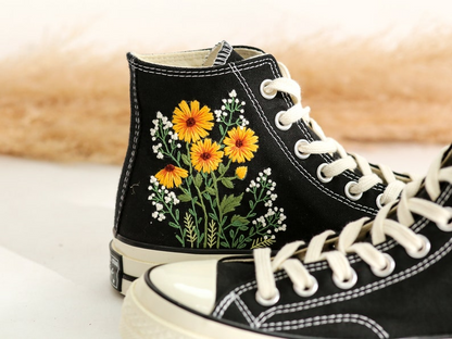 Embroidered Converse Sunflower and Queen Anne's lace, Converse High Tops Chuck Taylor Embroidered Sunflower, Sunflower Embroidered Converse