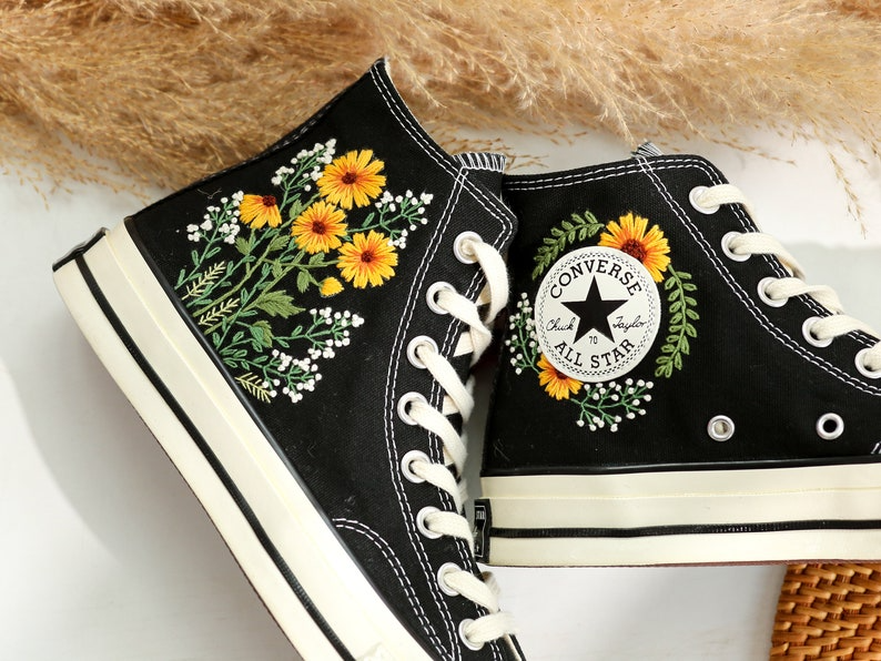 Embroidered Converse Sunflower and Queen Anne's lace, Converse High Tops Chuck Taylor Embroidered Sunflower, Sunflower Embroidered Converse