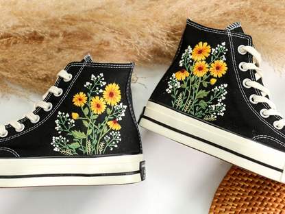 Embroidered Converse Sunflower and Queen Anne's lace, Converse High Tops Chuck Taylor Embroidered Sunflower, Sunflower Embroidered Converse