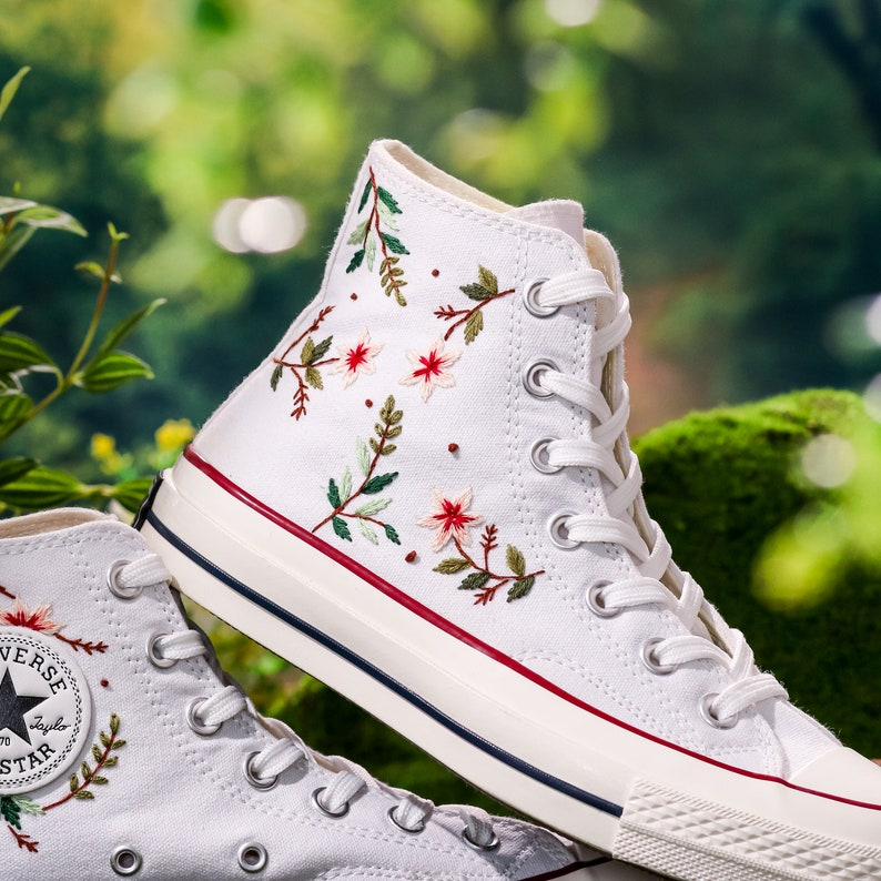 Embroidered Converse, Flower Embroidered Converse High Tops, Simple Leaves and Floral Embroidery Shoes, Unique Embroidered Sneakers