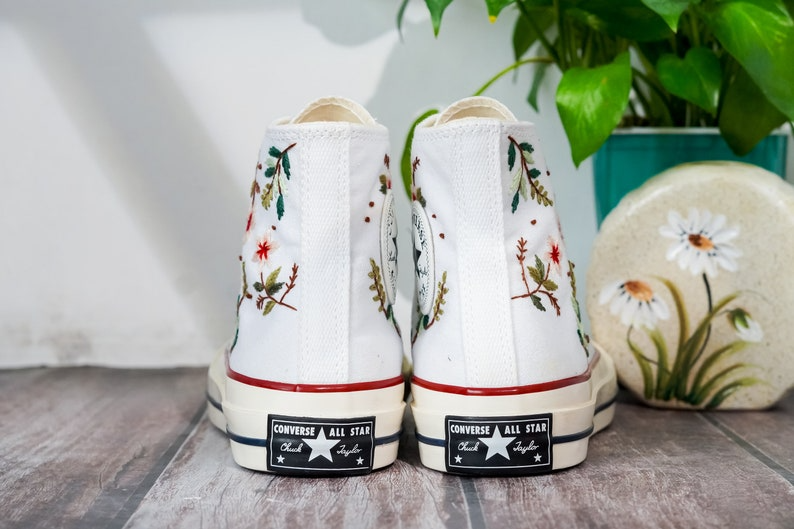 Embroidered Converse, Flower Embroidered Converse High Tops, Simple Leaves and Floral Embroidery Shoes, Unique Embroidered Sneakers