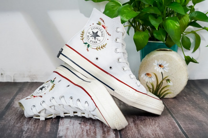 Embroidered Converse, Flower Embroidered Converse High Tops, Simple Leaves and Floral Embroidery Shoes, Unique Embroidered Sneakers