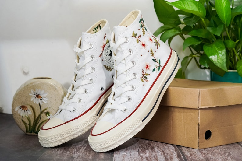 Embroidered Converse, Flower Embroidered Converse High Tops, Simple Leaves and Floral Embroidery Shoes, Unique Embroidered Sneakers