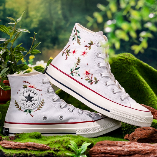 Embroidered Converse, Flower Embroidered Converse High Tops, Simple Leaves and Floral Embroidery Shoes, Unique Embroidered Sneakers