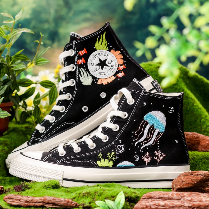 Custom Embroidered Converse High Tops, Shoes Embroidered With A Variety Of Colorful Sea Creatures, Jellyfish Embroidery, Gifts For Daughter