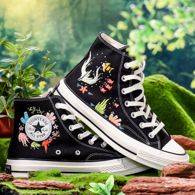 Custom Embroidered Converse High Tops, Shoes Embroidered With A Variety Of Colorful Sea Creatures, Jellyfish Embroidery, Gifts For Daughter