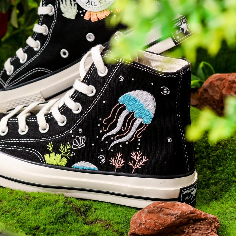 Custom Embroidered Converse High Tops, Shoes Embroidered With A Variety Of Colorful Sea Creatures, Jellyfish Embroidery, Gifts For Daughter