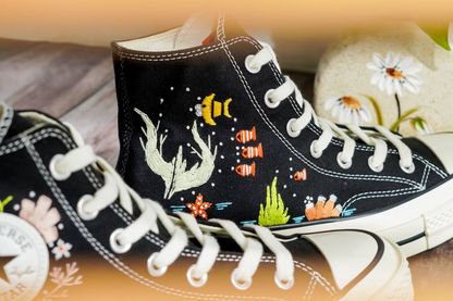 Custom Embroidered Converse High Tops, Shoes Embroidered With A Variety Of Colorful Sea Creatures, Jellyfish Embroidery, Gifts For Daughter