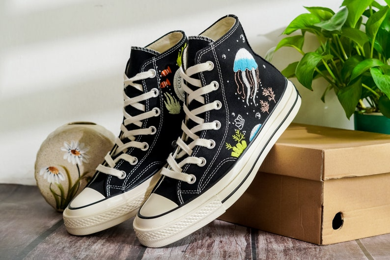 Custom Embroidered Converse High Tops, Shoes Embroidered With A Variety Of Colorful Sea Creatures, Jellyfish Embroidery, Gifts For Daughter