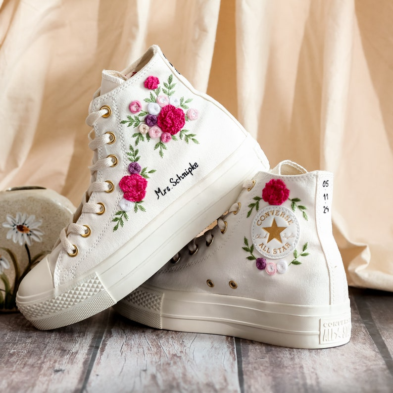 Platform Converse for Wedding, Burgundy Flower Embroidered Shoes, Fall Wedding Bouquet Emnbroidered Sneakers for Bride, Bridal Sneakers